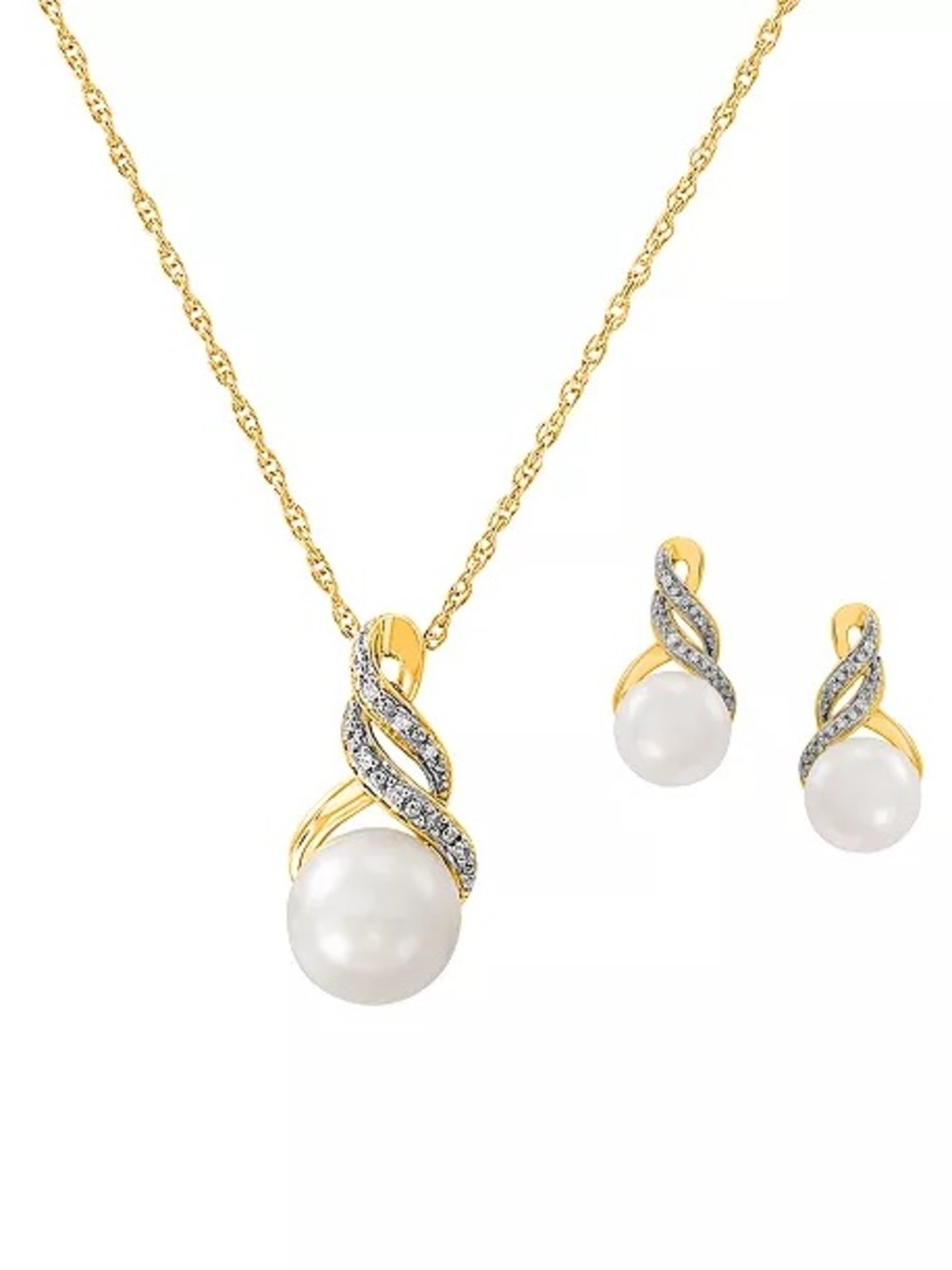 NWT Macy's Cultured Pearl & Diamond Swirl Necklace Earring Set 14k gold silver